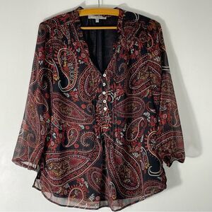 Daniel Rainn Black & Red Paisley Sheer Peasant V-Neck Blouse Size M